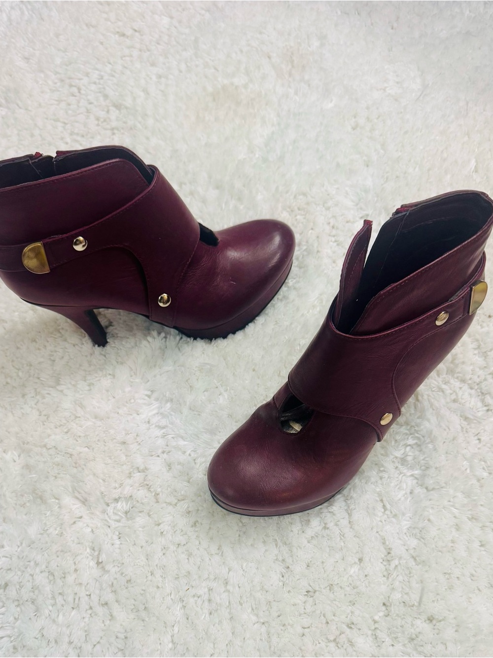 Unlisted by Kenneth Cole Wine Leather Ankle Boots with Gold Hardware